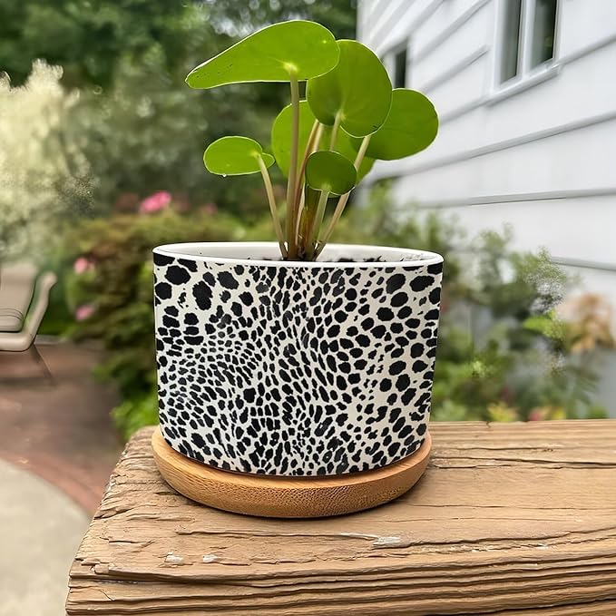 DreamAutumn Black and White Cheetah Leopard Print Animal Skin Pattern Ceramic Pots for Plants with Drainage Holes Round Flower Pot Bamboo Tray Orchid Pot Succulents Pots for Outdoor Indoor Plants