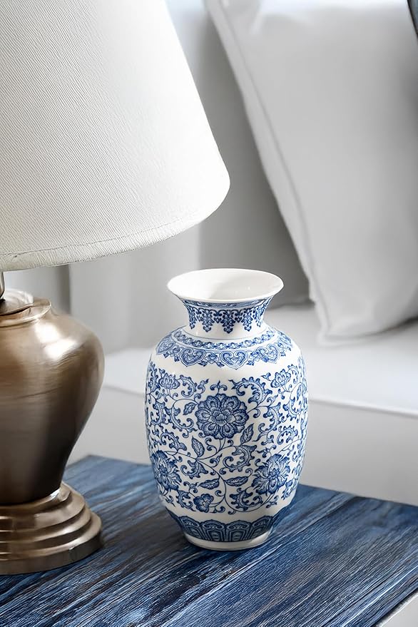 Blue and White Vase, Chinoiserie Porcelain for Living Room Shelf, Entryway Decor & Blue and White Home Centerpiece, Blue Vases Home Décor,11" H