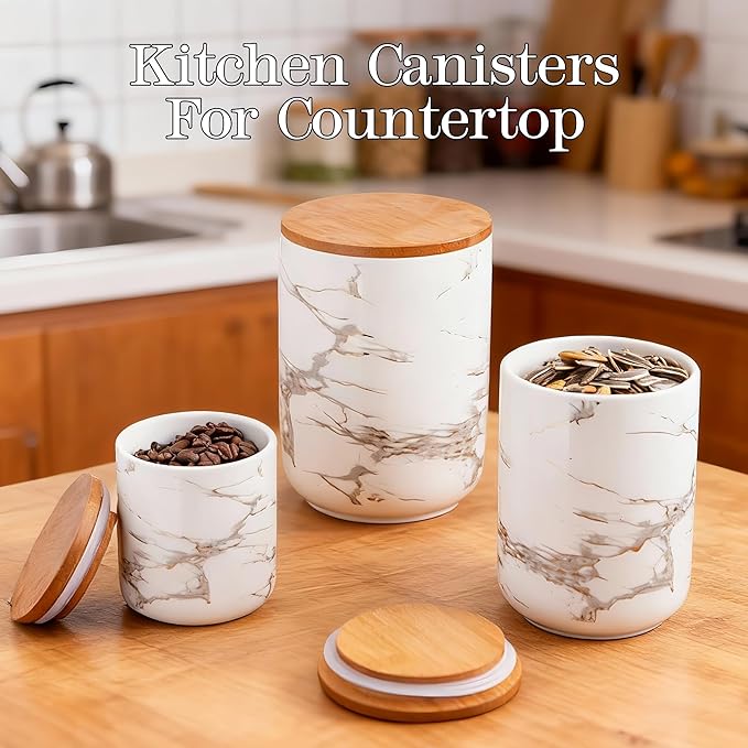JOJUNO White Ceramic Canister Set with Bamboo Lid – 3-Piece Airtight Food Storage Jars for Kitchen Counter – Glossy Marble Design, Ideal for Flour, Sugar, Coffee, Tea, Spice – Small, Medium, Large