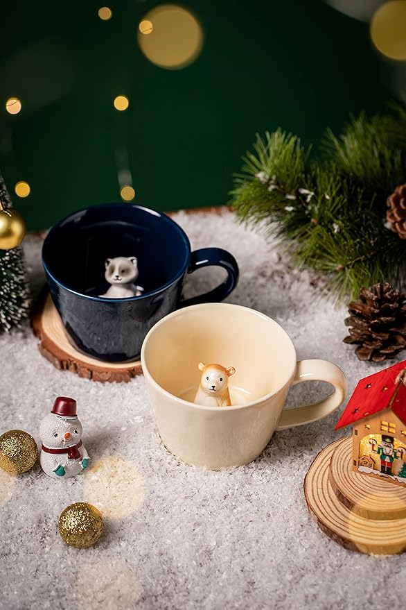 DIHOclub Bear Ceramic Cup Hidden 3D Animal Inside Mug,Cute Cartoon Handmade Figurine Mugs,Holiday and Birthday Gift for Coffee Milk Tea Lovers,12 OZ(Cream Color) | Bear, Cute Cartoon, Handmade, Figurine Mugs