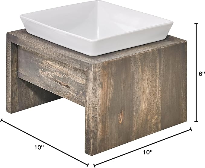 Bowsers Artisan Diner Single Dog Feeder - Handcrafted Rubberwood Frame with Square Ceramic Bowl Feeder for Dogs - Fossil, Medium, 10” x 10” x 6”