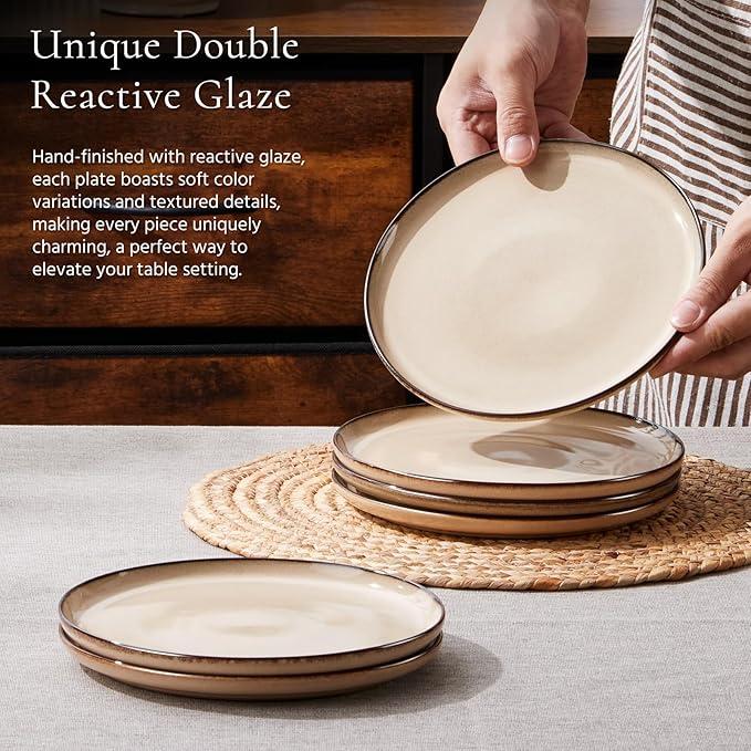 E-far 8” Ceramic Salad Plates Set of 6, Reactive Glaze Stoneware Dishes, Round Dessert Plate for Home Kitchen Restaurant, Microwave & Dishwasher Safe – Sandy Beige