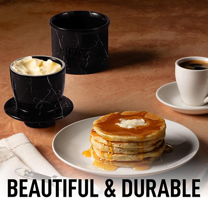Zulay Kitchen Bell Shaped Butter Crock with Lid for Countertop with Water Line & Spreader Knife, Ceramic French Butter Dish Keeper For Fresh, Soft & Spreadable Butter - Black Marble