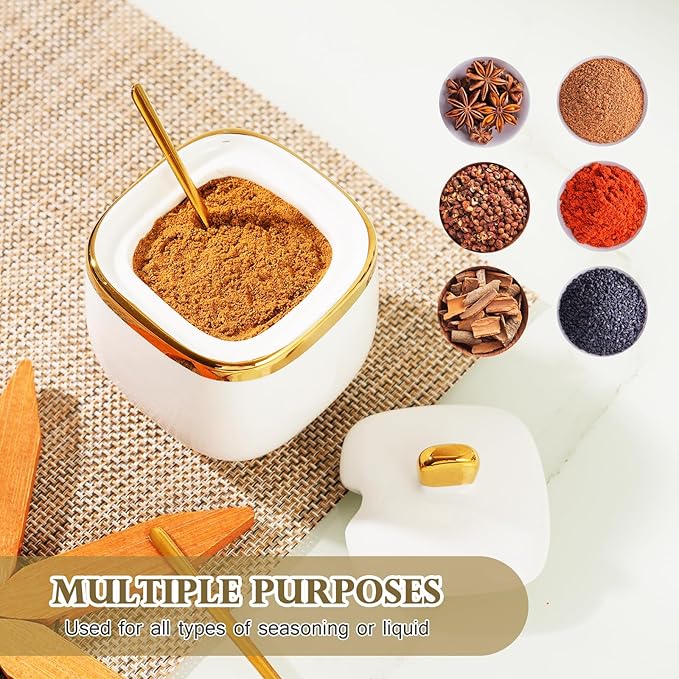 3 Pack Gold Condiment Spice Jars with Lids, Spoons, Tray - Ceramic Seasoning Box Set for Salt, Pepper, Sugar - Kitchen Storage