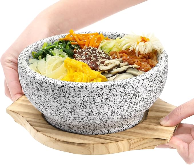 Dolsot Bibimbap Bowl, 27 Oz Korean Stone Bowls Cooking Pot with Wood Tray, Granite Stone Bowl Sizzling Hot Pot for Korean Restaurants, Soup, Rice, Stew