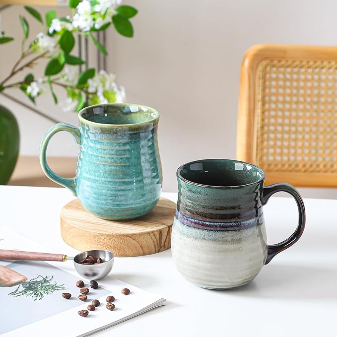 23 oz Large Ceramic Coffee Mugs, Handmade Cup with Large Handle, Big Tea and Coffee Cups for Office and Home, Microwave and Dishwasher Safe (Ink Green)