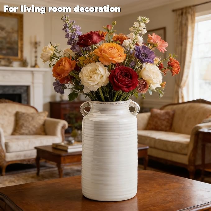 Ceramic Rustic Distressed White Flower Vase for Centerpieces, Kitchen, Office or Living Room (5.9''x10.2”)