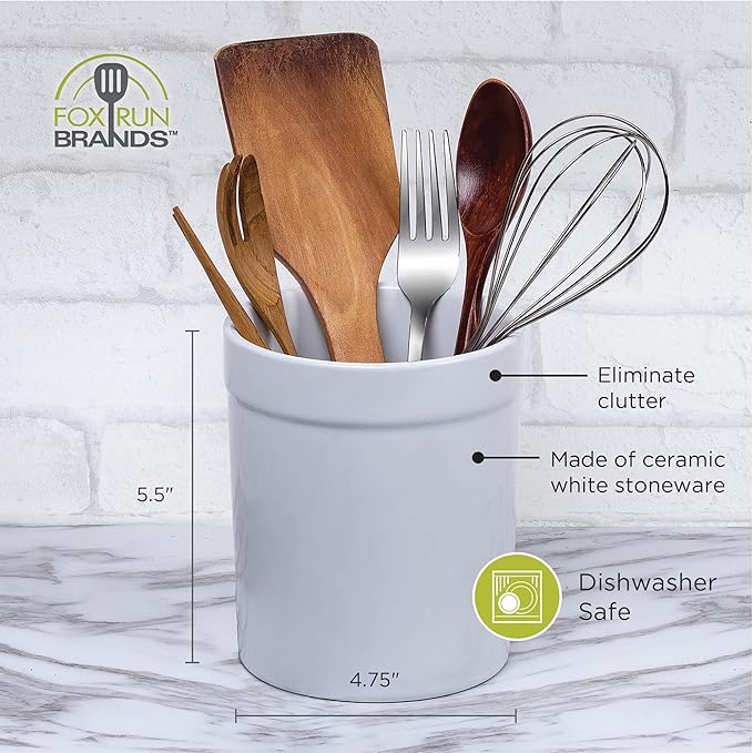 Fox Run Utensil Holder, White Stoneware 4.75 x 4.75 x 5.5 inches
