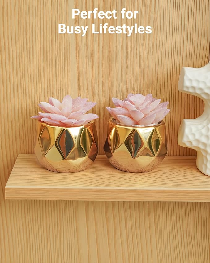 VIVERIE Mini Succulents Plants Artificial in Pots-Pink with Golden Ceramic, Christmas Small Fake Succulents Plants for Home Decor Indoor for Women, Set of 2, Gifts for Mom