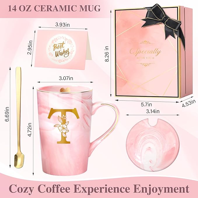 Personalized Marble Ceramic Mug Gifts for Women, 14 Oz Pink Initial Customized Gift Coffee Mug with Lid, Birthday Christmas Mother's Day Gifts for Her Wife Mom Grandma Friend Sister Unique,T