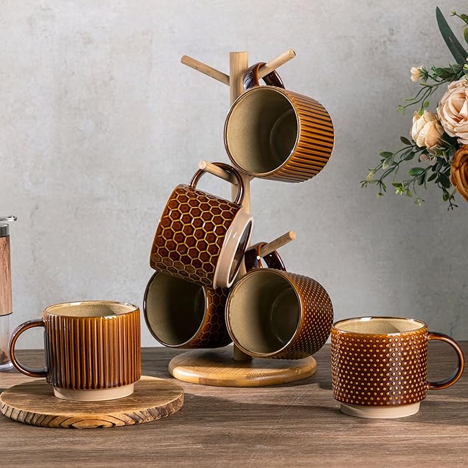 GBhome 12 OZ Stackable Coffee Mugs Set of 6, Ceramic Coffee Cups with Texture Patterns for Man,Woman,Dad,Mom, Modern Coffee Cups for Latte/Cappuccino/Cocoa. Dishwasher&Microwave Safe,Caramel