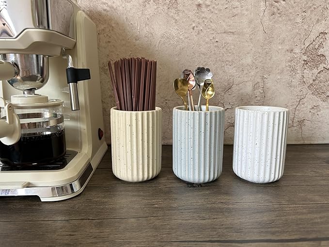 Stoneware Coffee Bar Utensil Holder Tea & Coffee Spoon & Stirrer Holder for Stir Stick Straw Teaspoon Holder Spoon Cup Small Utensil Jar Fluted Vertical Stripe (Blue Grey)