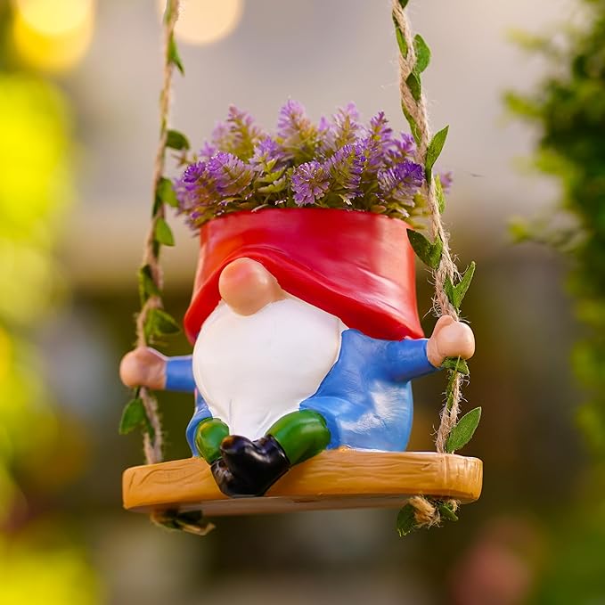 Swing Garden Gnome Hanging Planters for Indoor Plants, Cute Small Succulent Pots with Drainage Hole, Resin Plant Hangers Outdoor, Hanging Plant Holder for String Of Pearls, Gift Ideas for Mother