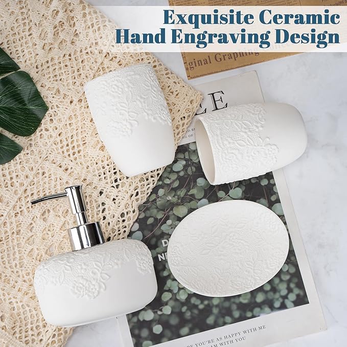 Ceramic White Bathroom Accessory Sets Embossed Design Look, Includes Bathroom Soap Dispenser with Rust-Proof Plastic Pump 13.5oz & 2Pcs Ceramic Cup,1Pcs Soap Dish