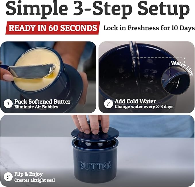 PriorityChef Butter Crock with Lid with Water Line,Ceramic French Butter Dish to Leave On Counter, Dark Navy