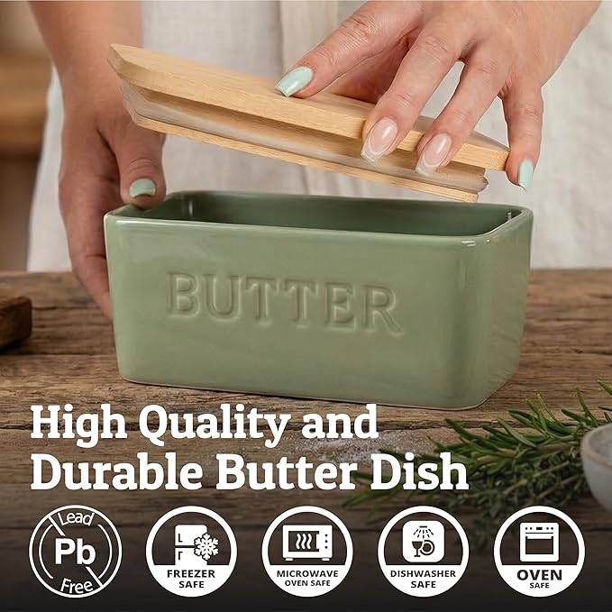 PriorityChef Extra Large Butter Dish with Lid for Countertop, Ceramic Butter Container With Airtight Cover, Butter Keeper for Counter or Fridge, Butter Holder Storage, Sage Green