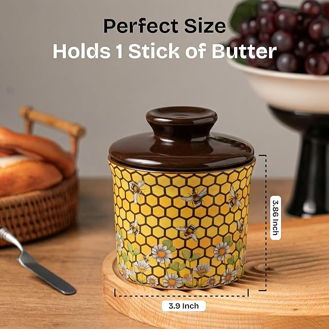 Pottery Butter Keeper Crock - Ceramic Butter Dish with Water Line for Countertop, Keep Butter Fresh-Honey Bee Design