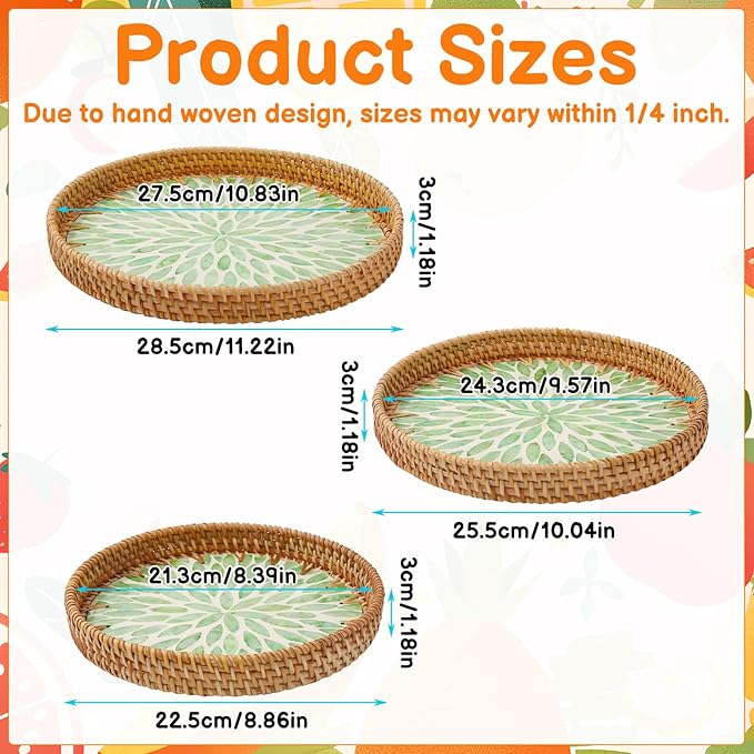 3 Pack Round Rattan Tray with Mother of Pearl Inlay, Decorative Boho Woven Basket Trays for Breakfast Tea Snack Fruit Coffee