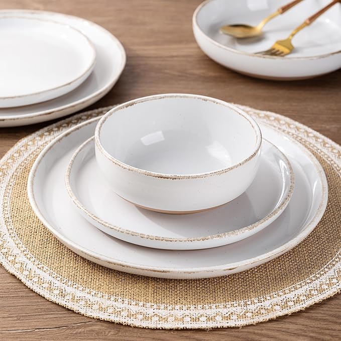 AmorArc Ceramic Dinnerware Sets for 4, 12 Pieces Handpainted Plates and Bowls Set with Rustic Terracotta Underside, Scratch Resistant Stoneware Dishes Set, Dishwasher & Microwave Safe, White
