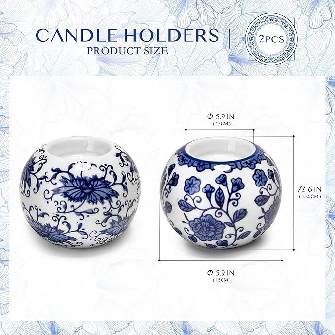 One Pair Classic Celadon Tealight Holder Set, Chinoiserie Blue and White Porcelain from Jingdezhen, Candle Holder for Housewarming Gifts and Home Decoration (W 3.54 in x H 2.76 in)