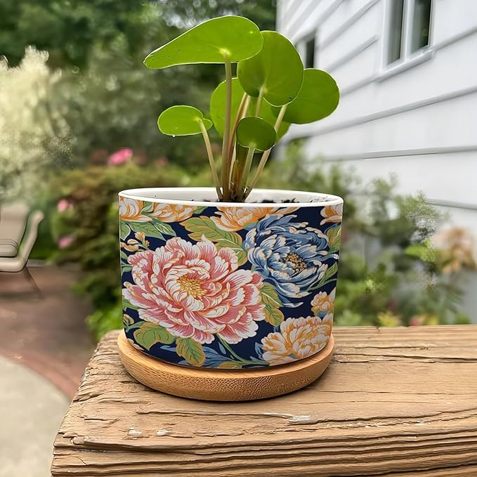 Bright and Chinoiserie Planter Ceramic Coral Peony Floral Round Plant Pot with Drainage Holes and Bamboo Tray Pot for Home Office Decoration