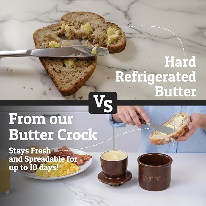 PriorityChef Butter Crock with Lid with Water Line,Ceramic French Butter Dish to Leave On Counter, Chocolate Brown