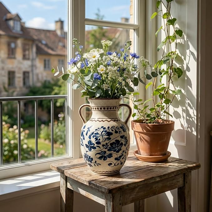 EFISPSS Ceramic Vintage Vase,Spring Decor Unique Chinese Crackle Floral Handle for Dining Room Mantle Living Room,Blue 8.4In