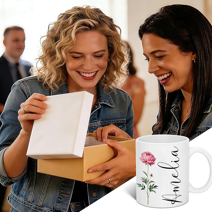 Custom Coffee Mug with Birth Flower & Name - 11oz Large Ceramic Personalized Coffee Cup for Women, Pretty Floral Tea Mugs Gift for Mom Wife Grandma Daughter Sister Coworker Best Friend Birthday