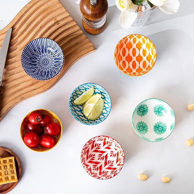 Ceramic Dipping Bowls Set - Mini 4 Oz Dessert Bowls Set - Small 3.5 Inch Porcelain Bowls for Side Dishes, Snack, Appetizer, Yogurt - Microwave Dishwasher Safe - Set of 6 - Assorted Colors