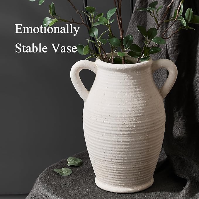 Emotionally Grounded Vase, Vaseking Large Ceramic Rustic Vase with 2 Handles, 9.8 inch Minimalist Decorative Farmhouse Tall Vases for Home Decor, Living Room, Enterway, Table Decoration, Off White