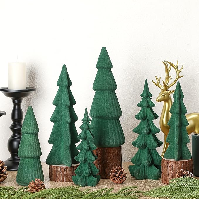 Wesiti 6 Pcs Velvet Ceramic Christmas Trees Figurines 9.84''7.49'' Large Modern Velvet Cones Tabletop Christmas Tree Figurine Green Centerpieces Table for Xmas Holiday Fireplace Farmhouse Decor