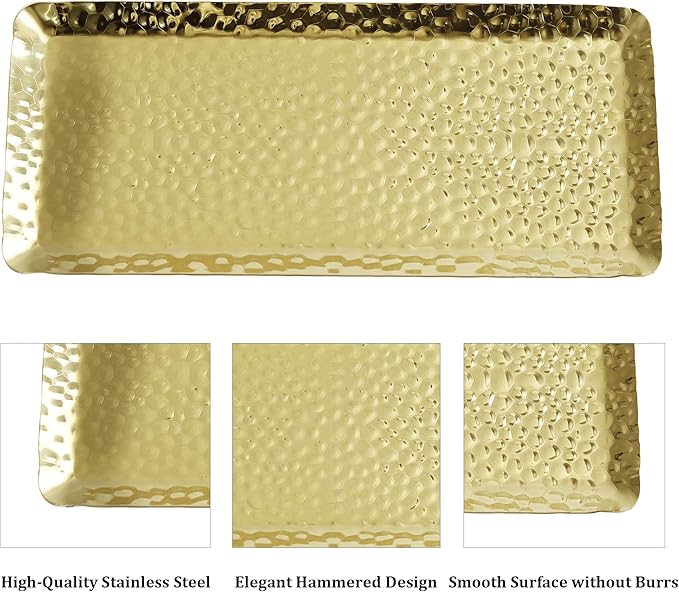 10x4inch Hammered Rectangular Tray, Stainless Steel Decorative Serving Tray, Gold Platter for Kitchen, Bathroom, Bar, Vanity Storage