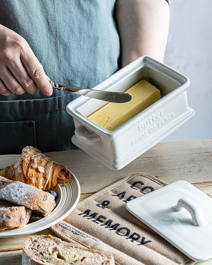 Butter Dish with Lid, Ceramic Butter Dish for Countertop Butter Holder Container Large Butter Keeper for East West Coast Butter, Mother's Day Kitchen Decor, White