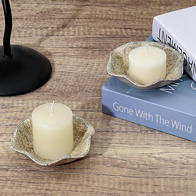 Koythin 2-Piece Ceramic Candle Holder, Aesthetics Candlestick Holders for Tea Lights, Lotus Leaf Shape Candle Stand for Mantle Table, Adorable Vintage Decor for Weddings Dining (Khaki)