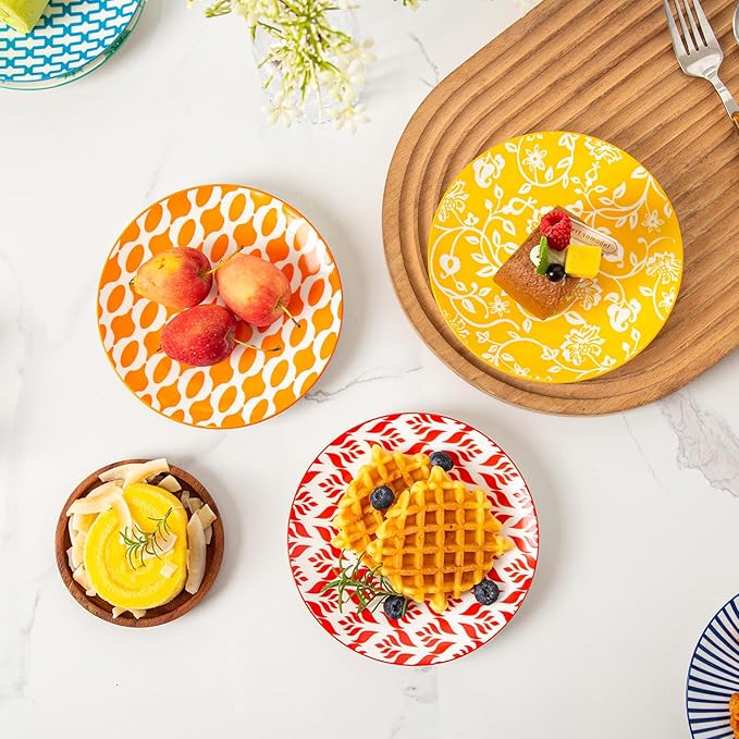 Ceramic Dessert Plates Set - 6 Inch Mini Appetizer Plates for Kitchen - Small Salad Plate for Cake Snacks Side Dish,Gift, Microwave Dishwasher Safe, Assorted Colors