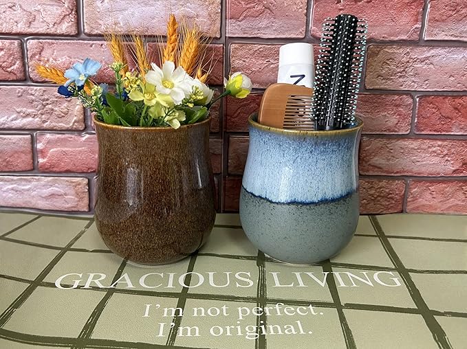Short Kitchen Utensil Holder for Kitchen Counter, Ceramic Small Utensil Crock & Vase & Holder for Cutlery Spatula Brush Silverware Cooking Utensil Holder (Retro Sea Blue)