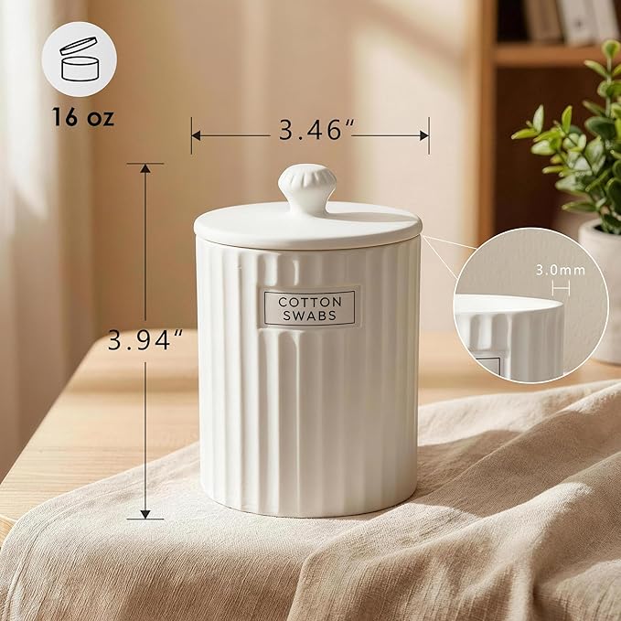 White Ceramic Bathroom Organizer and Storage Jars with Lid, 2 Pack Qtip Holder and Cotton Pad Dispenser, Apothecary Canisters for Vanity, Kitchen Countertop, Home Decor