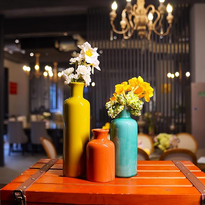 Colorful Ceramic Vase Set Home Decor - Set of 3 Flower Vases, Farmhouse Vases for Decor,Colorful Vase for Living Room,Office,Centerpiece Table Decorations,Boho Flower Mexican Pottery for Wedding
