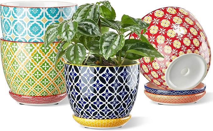 Ceramic Plant Pots, 4.9 Inch Flower Pots with Drainage Hole & Saucer, Colorful Planter Pots for Houseplants, Succulent, Catus, Home Decor, Set of 4, Vibrant Colors
