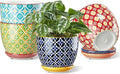 Ceramic Plant Pots, 4.9 Inch Flower Pots with Drainage Hole & Saucer, Colorful Planter Pots for Houseplants, Succulent, Catus, Home Decor, Set of 4, Vibrant Colors