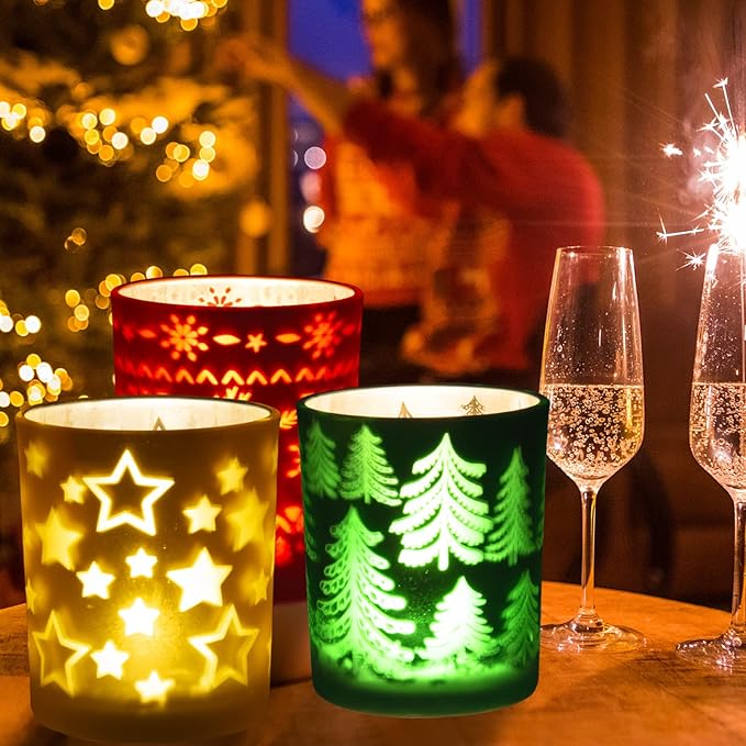 Rancco Tealight Candle Holders for Christmas, 3 Color Indoor Xmas Decor Tea Light Candle Jar for Centerpieces & Party Decoration, Votive Candle Holders w/Elk, Christmas Tree, Stars Designs,3.3x2.6in