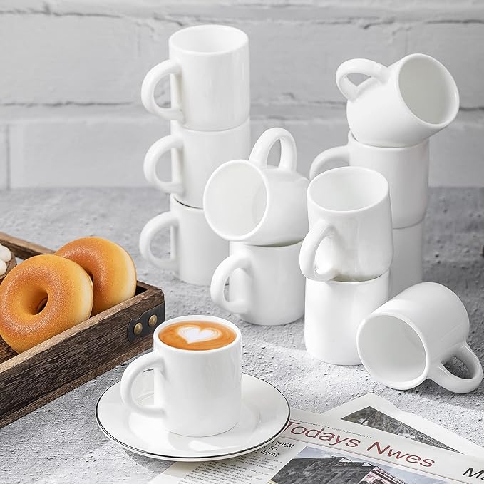 Roshtia 12 Pieces 3 oz Espresso Mugs Espresso Cups Mini Coffee Mugs with Handles Porcelain Coffee Cups Ceramic Smooth Demitasse for Tea Drinks Cocoa Milk Water (White)