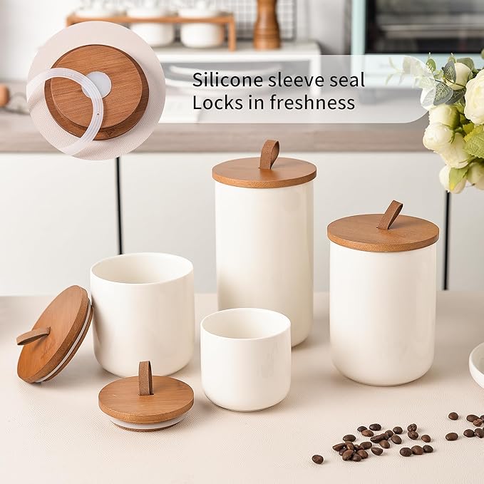 White Ceramic Canister Set with Bamboo Lids, 4-Piece Airtight Food Storage Jars for Kitchen – Flour, Sugar, Coffee, Tea, Spice – Smaller, Small, Medium, Large Sizes