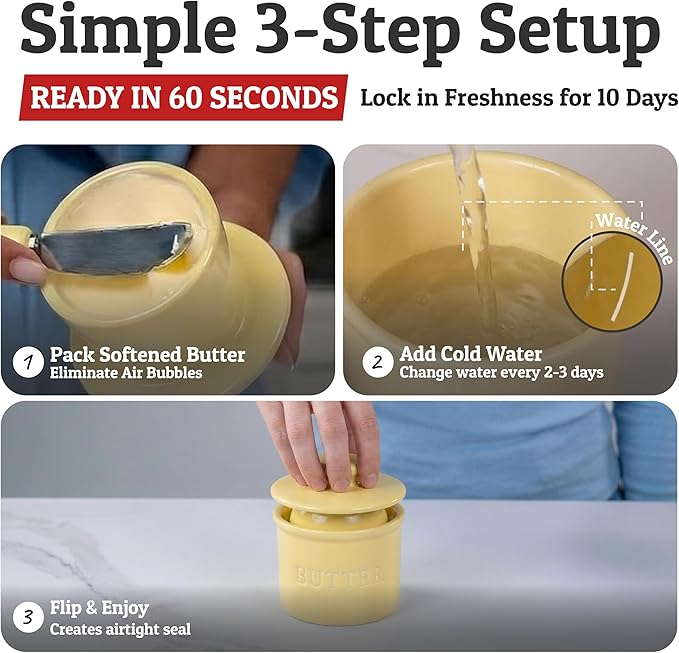 PriorityChef Butter Crock with Lid with Water Line,Ceramic French Butter Dish to Leave On Counter, Pastel Yellow