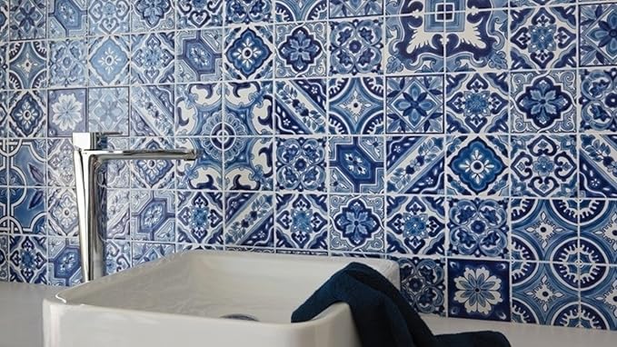 DYARI Set of 9 Decorative Ceramic Tiles – Hand Painted Indoor & Outdoor – Artisan Top Kitchen – Mediterranean Decorative 4x4 / One Tile Durable Colorful (Blue, 45 Tiles (5 Sq Ft))