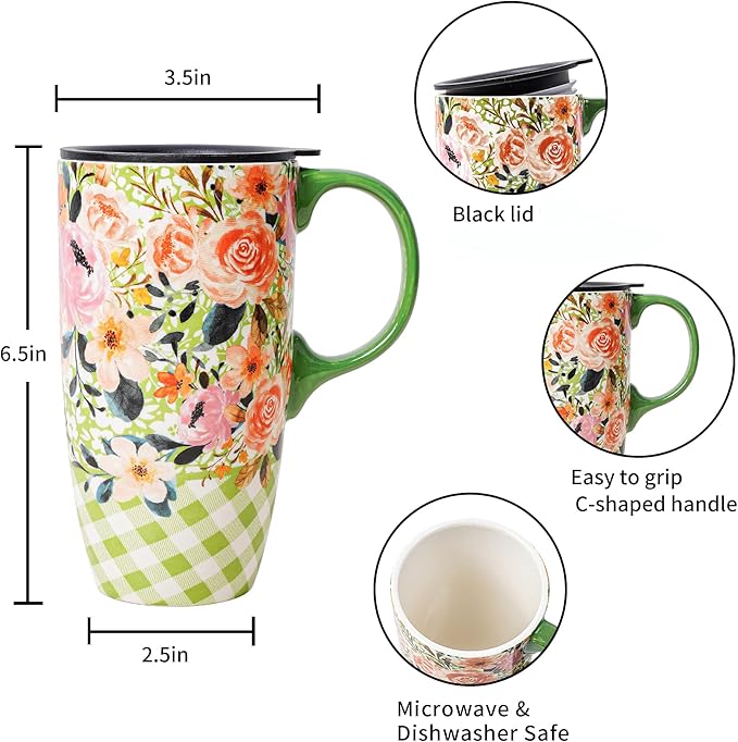 DUSVALLY Ceramic Tall Coffee Mug, Friends Coffee Cup Gift Set, Travel Mug with Lid for Office and Home, Unique Gifts for Women and Man, Flower Mug, Color Box, 17oz Large Cup, Green