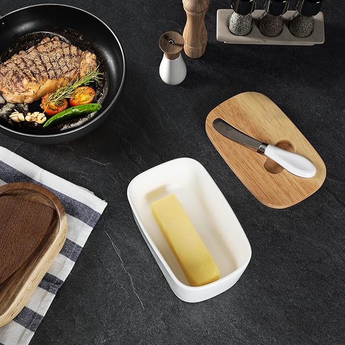 GDCZ Large Ceramic Butter Dish for Countertop Butter Keeper with Silicone Sealing, Natural Wooden Lid and Stainless Steel Knife, Kitchen Decor and Accessories for Kitchen Gifts (White)