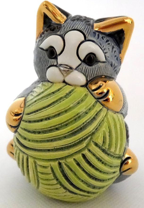 De Rosa Handmade Sculpted Ceramic Gray Striped Kitten w/Yarn Ball Family Collection