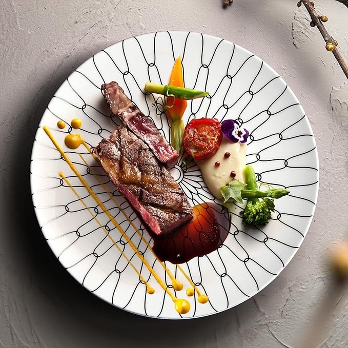 10-Inch Dinner Plates Set of 6, Black and White Grid Ceramic Plates, Large Checkerboard Design for Main Course, Restaurant-Style, Microwave & Oven Safe