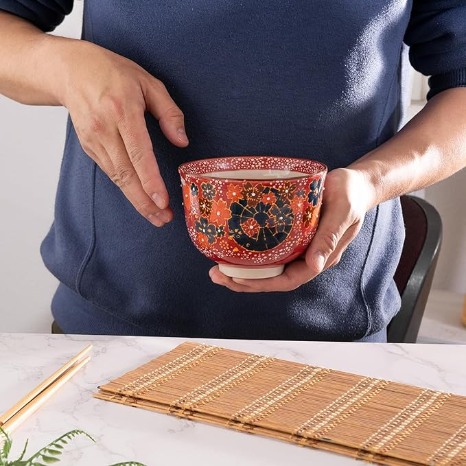 Urban Tokyo Handpainted Ceramic Glazed Japanese Ramen Udon Noodle Rice Bowl With Chopsticks 20 fl oz 5 inch Diameter Bowl Sets Color Box Packaging (Red Sakura Cherry Blossoms)